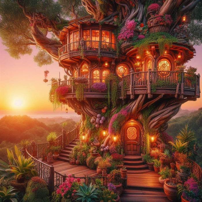 splendid treehouse full of planters and flowers sunset1 (700x700, 98Kb)