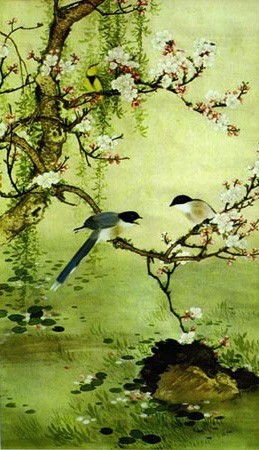 Птицы на цветущих яблонях.