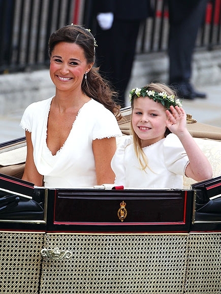 LONDON, ENGLAND - APRIL 29:  Sister of the Bride and Maid of Honour Pippa Middleton and bridesmaid Margarita Armstrong-Jones depart the Royal Wedding of Prince William to Catherine Middleton at Westminster Abbey on April 29, 2011 in London, England. The m