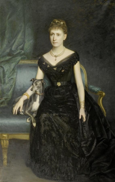 HENTE, HARRY VON (F?rtse 1851 - 1890) Portrait von Marie Gr?fin zu M?nster mit Hund Dandy. 1890