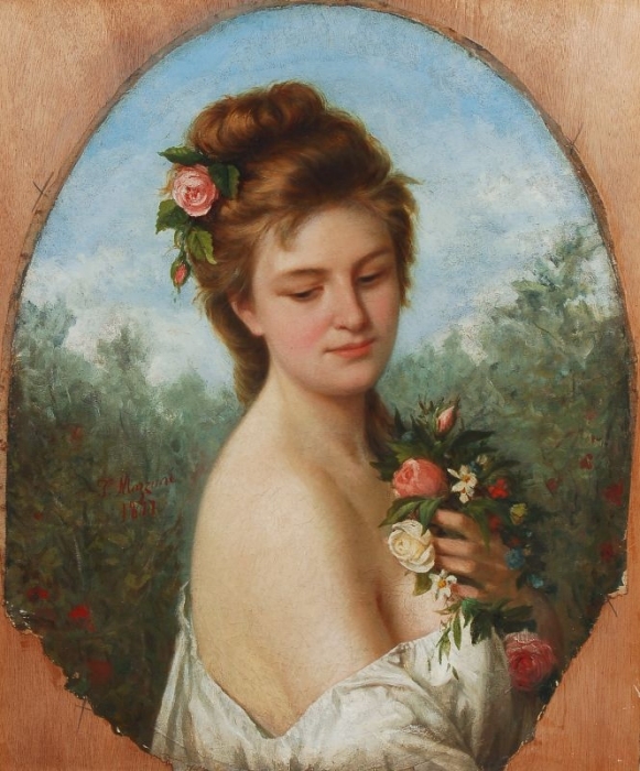 T. Mazzoni, Portrait einer jungen Dame in frhlingshafter Landschaft. 1877