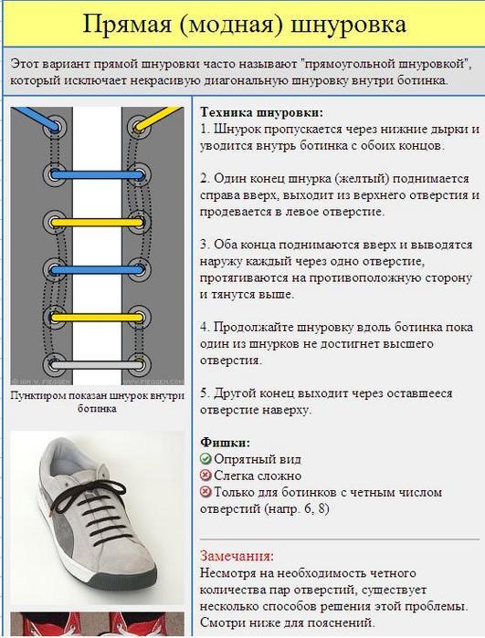 Примеры шнуровки кроссовок с 6 дырками схема