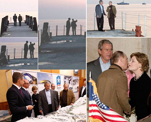  (            . 4-6  2008 .,     , ,  _ President George W. Bush and Russia's President Vladimir Putin, April 5, 2008, Bocharov Ruchey, Sochi, Russia, 488x397,121Kb)