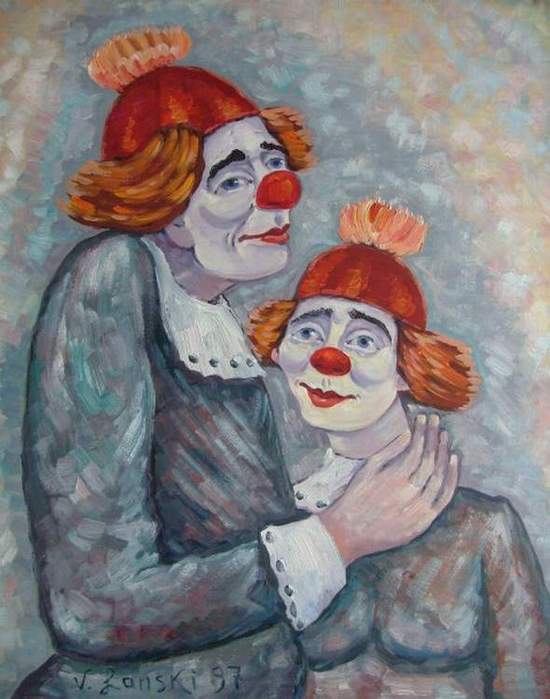 Бабка клоун. Клоуны в живописи. Пара клоунов. Два клоуна клоунесса. Клоун картина.