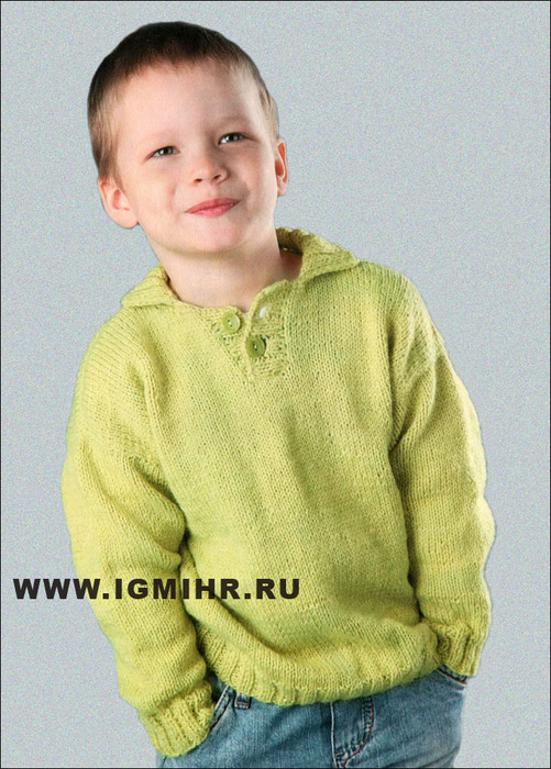 Светло-зеленый пуловер-поло для мальчика 5-6 лет. Спицы