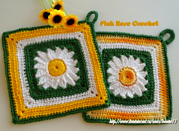 Pega Panelas Croche Margaridas 02 Crochet Granny Square Flower Daisy Pot Holders (600x440, 628Kb)