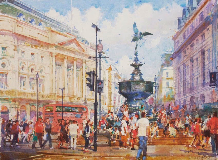 Geoffrey wynne watercolour London Picadilly Circus (700x513, 475Kb)
