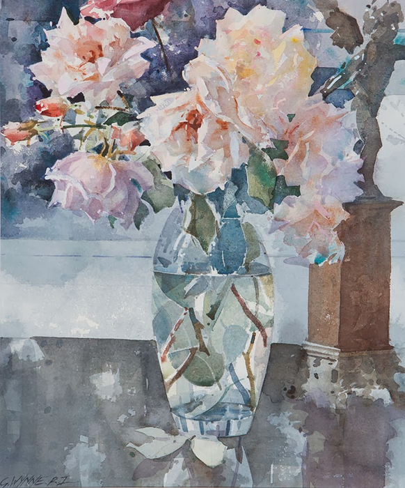 Geoffrey Wynne Watercolour Glass Vase with Roses rosas acuarela (582x700, 452Kb)