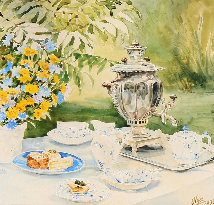 Olga Alexandrovna- The tea table is ready in the garden at Knudsminde Farm. 1938 (700x671, 212Kb)