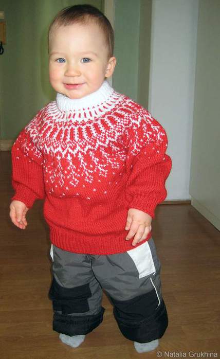 Детский норвежский жаккардовый свитер с круглой кокеткой, на ребенка(1,5 - 3 года), спицами.