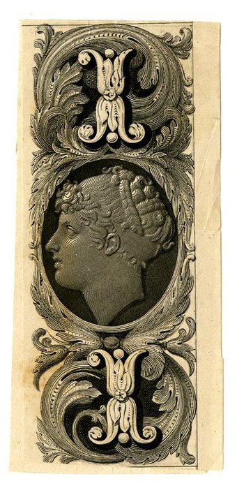 Two young boys as blacksmiths at centre. Decorative patterns with number 5 at upper and lower centre. Male profile portrait at top centre. Design printed in black. (19th c) (265x700, 228Kb)/4964063_Vertical_format__Female_profile_portrait_at_centre__Ornamental_patterns_at_lower_and_upper_centre__Design_printed_in_black_on_tan_paper__19th_c (340x700, 79Kb)