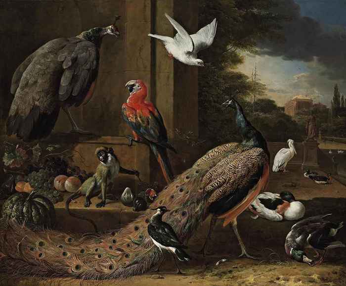 A_peacock,_a_peahen,_a_monkey_and_other_birds_on_a_terrace (700x578, 37Kb)