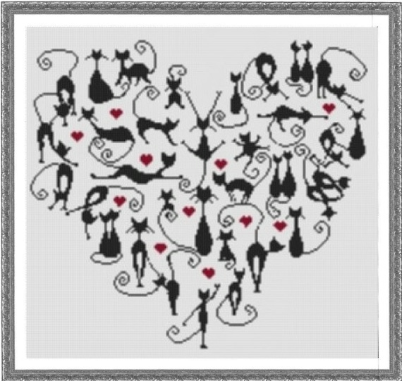 MarilynS Creations Broderie -  Coeur de Chats (570x541, 155Kb)