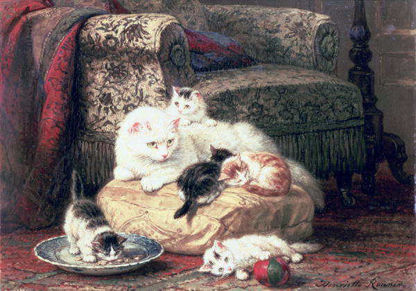 Cat with her Kittens on a Cushion (600x420, 242Kb)