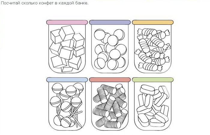 В каждой банке. Конфеты задания для дошкольников. Задания для малышей с конфетами. Посчитай сколько. Задания для детей на тему конфеты.