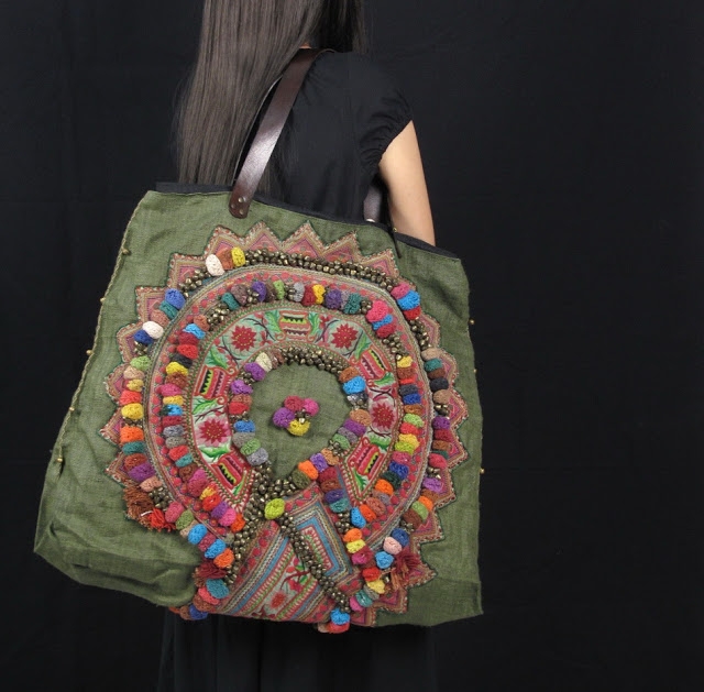 Olive Green Hemp Tribal pom pom Vintage Fabric Hippie Bag 1 (640x629, 219Kb)