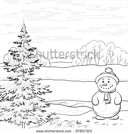 stock-vector-snowman-and-christmas-tree-on-the-bank-of-the-winter-forest-river-contours-vector-87857323 (450x470, 123Kb)