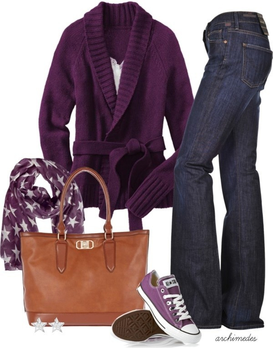 Сочетание фиолетового с коричневым в одежде