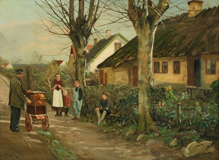 Harald Pryn Small village life with organgrinder 1930 (700x512, 133Kb)