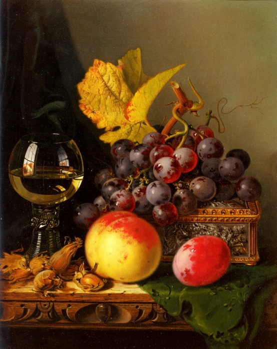 a_still_life_of_black_grapes,_a_peach,_a_plum,_hazelnuts,_a_metal_casket_and_a_wine_glass_on_a_carved_wooden_ledge-large (554x700, 305Kb)