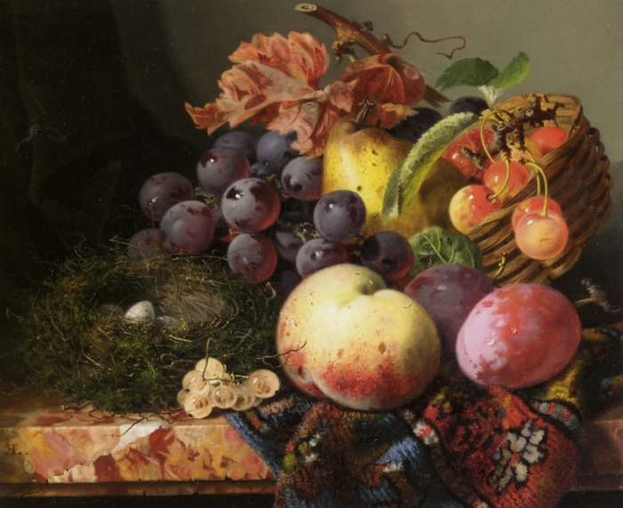 Ladell_Edward_Still_Life_With_Peaches_Plums_Cherries_Grapes_Pear_and_Birds_Nest_Oil_on_Canvas-large (700x571, 294Kb)