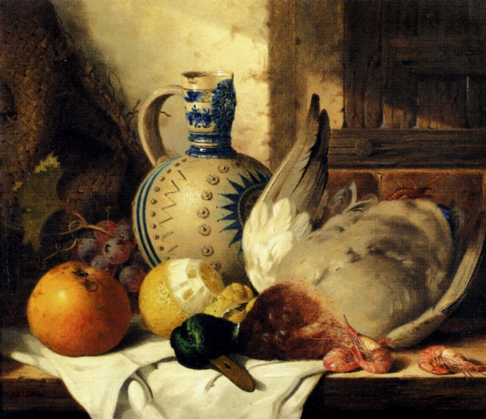 prawns,_a_mallard,_a_lemon,_an_apple,_grapes_and_a_stoneware_jug_on_a_draped_wooden_ledge-large (700x604, 342Kb)