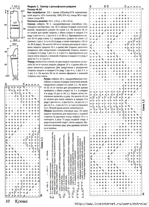 Свитер с рельефным узором на рукавах спицами с описанием и схемами