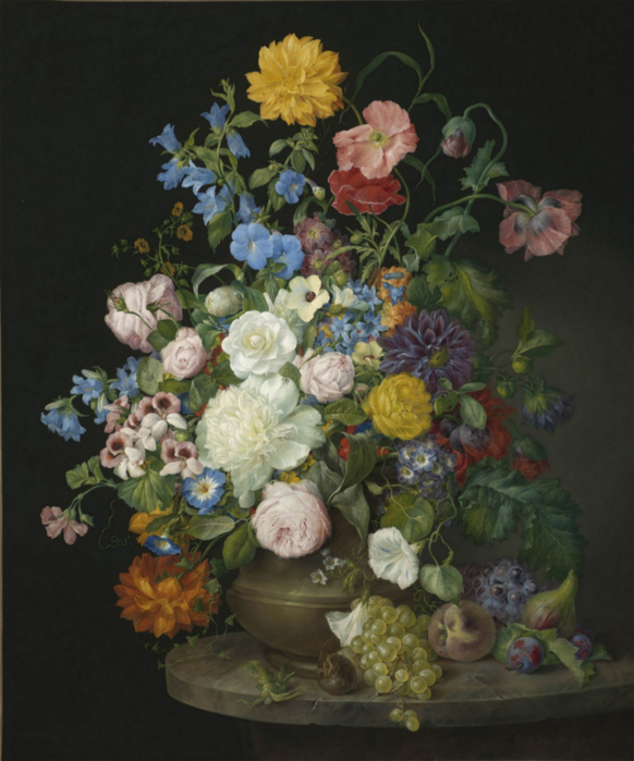 A vase of camelias pansies dahlias roses and poppies (582x700, 370Kb)