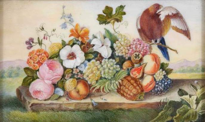 Fruit and flowers with a bird on a stone slab in a meadow with landscape background (687x409, 50Kb)