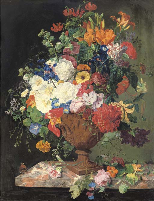 Lillies, convolvuli, carnations and roses in an urn on a marble ledge (512x667, 90Kb)