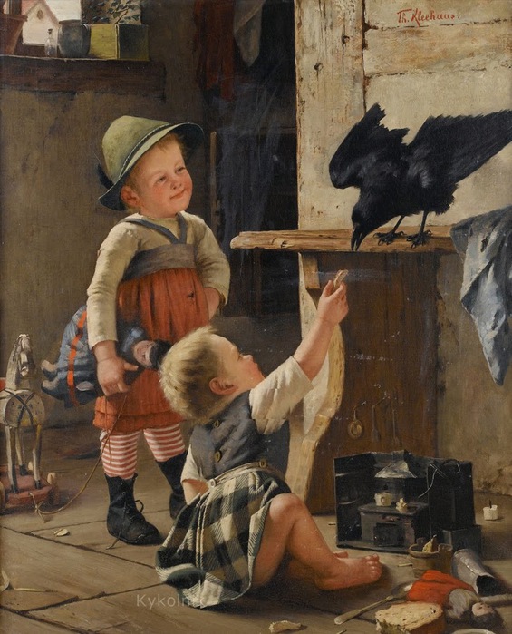 Theodore Kleehaas (German, 1854-1929) Feeding the pet jackdaw (565x700, 136Kb)