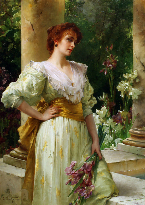 Woman in White Holding Irises (493x700, 469Kb)