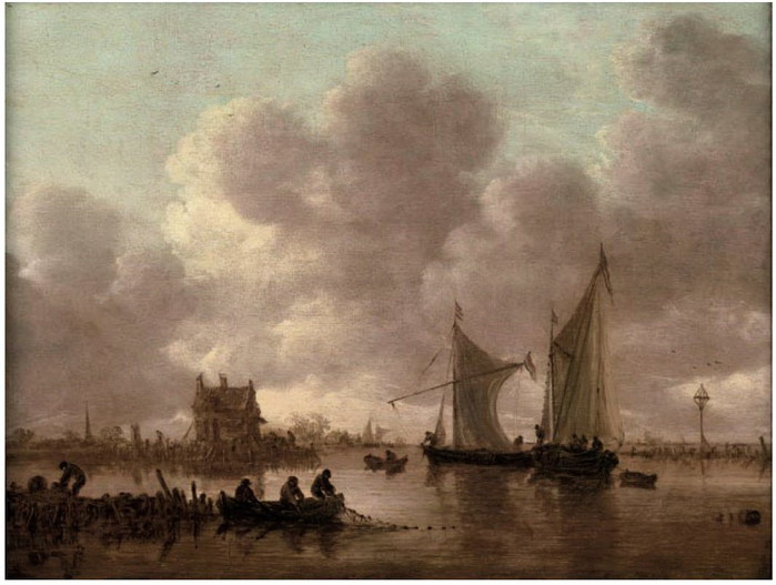 Smalschips  on the Kil near the Oude Wachthuis with fishermen raising a net off a jetty 1649 33.5 x 43.8 (700x527, 80Kb)