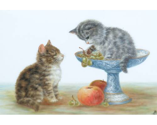 Two kittens playing with a bowl of fruit (500x400, 16Kb)