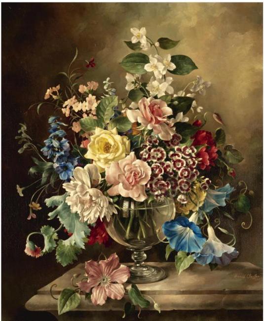 STILL LIFE WITH PRIMULAS, CLEMATIS, ROSES AND POENIES IN A GLASS VASE (535x650, 61Kb)