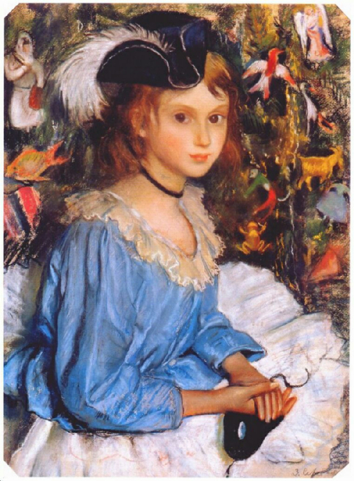 24    (1884-1967) serebryakova katya in blue dress by christmas tree 1922 (516x700, 461Kb)