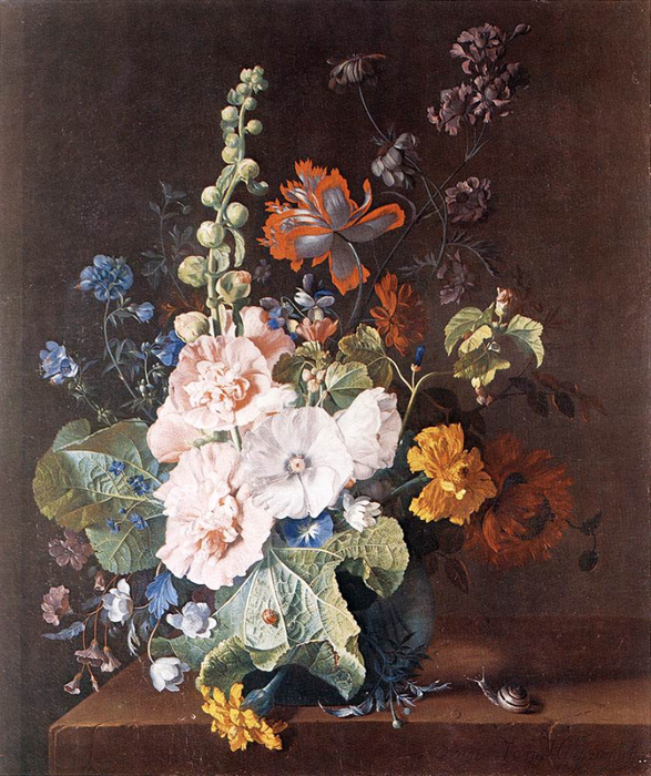 Hollyhocks and Other Flowers in a Vase (587x700, 483Kb)