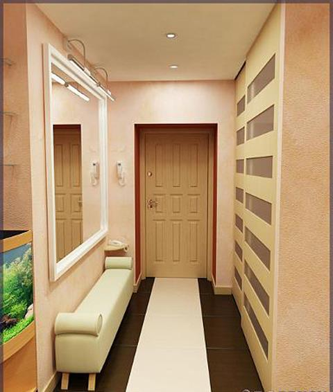 Дизайн коридора в квартире в современном стиле в светлых тонах с кирпичной