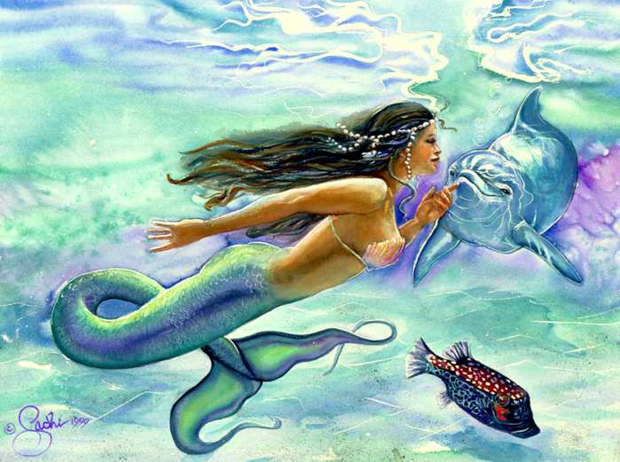 Mermaid and Dolphin, by Karla Sachi www.sachiart.com Ещё Сачи: 1115-1120.