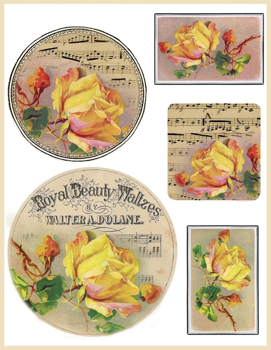 French sheet music and yellow rose tags (540x700, 291Kb)