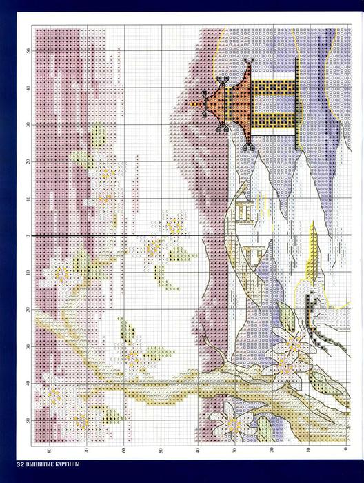 Схема вышивки крестом Японская картина Пейзаж Цветы и птица