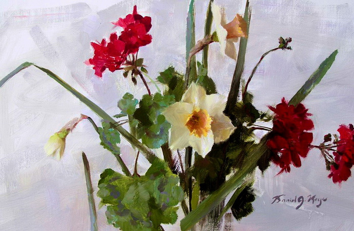 Narcissus with Red Geraniums sm (700x457, 125Kb)
