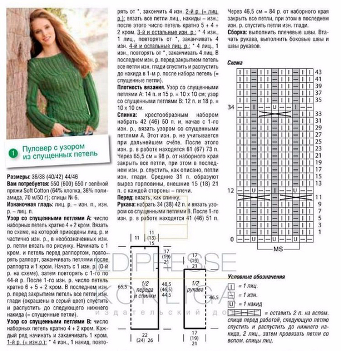 Схема джемпера спицами для женщин со спущенными плечами