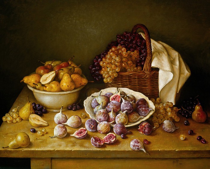 BOWL OF FIGS PEARS BASKET OF GRAPES 76x91 cms Oil on Canvas on Panel 1993 (700x563, 108Kb)
