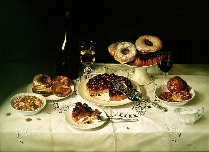 CAKES AND WINE ON TABLECLOTH 66x91 Cms Oil on Canvas 1994 (700x507, 93Kb)