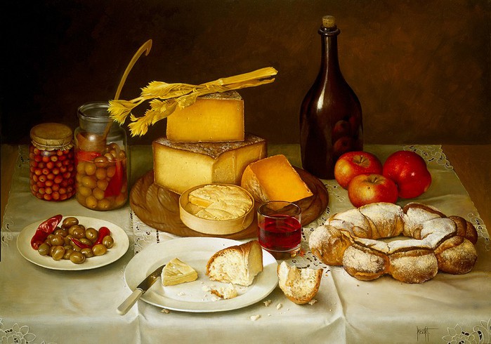 TABLE OF BREAD CHEESE OLIVES WINE 66x91 cms oil on canvas 1992 (700x490, 97Kb)