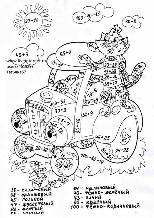 Математические раскраски для 2 и 3 класса. Вычитание в пределах 100, вида 50-7, 100-29.