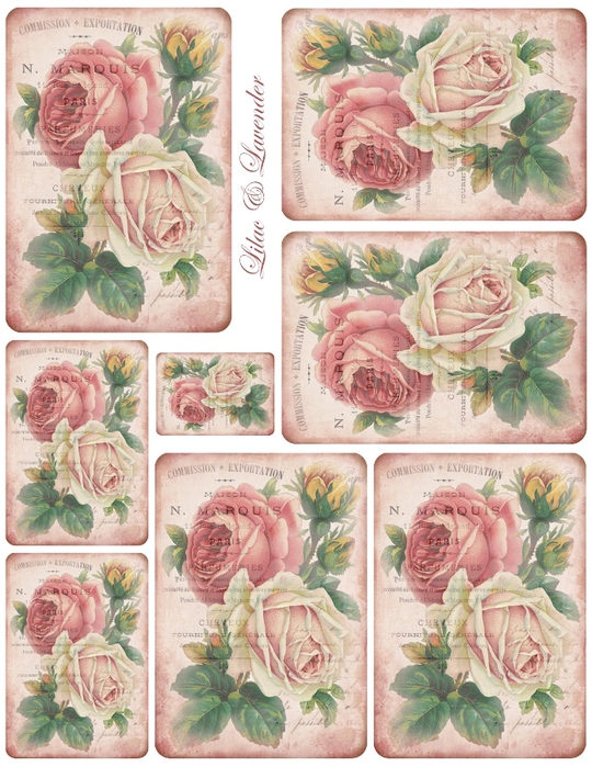 French receipt & roses tag collage sheet ~ lilac-n-lavender (540x700, 339Kb)