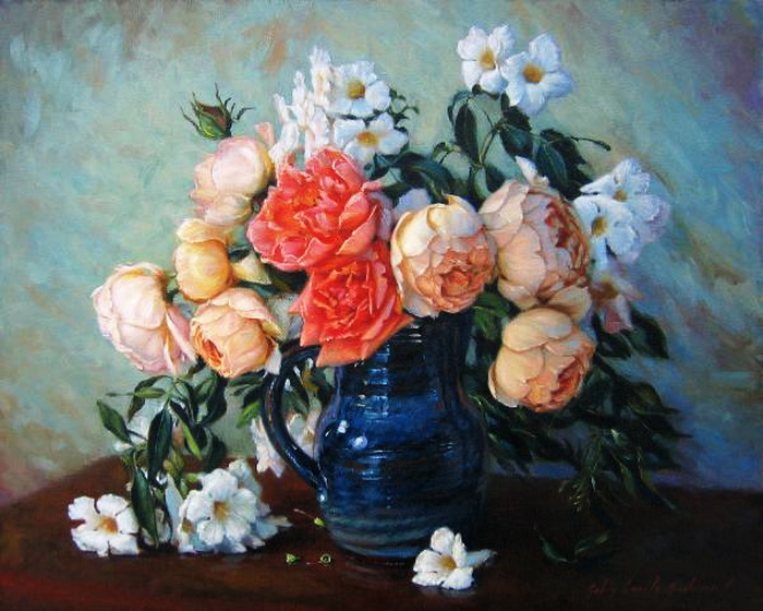 Blue_Ceramic_Vase_with_Orange_and_Peach_Roses-600x480 (700x560, 139Kb)