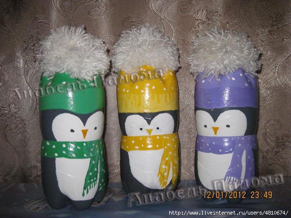 Пингвины из пластиковых бутылок и краски